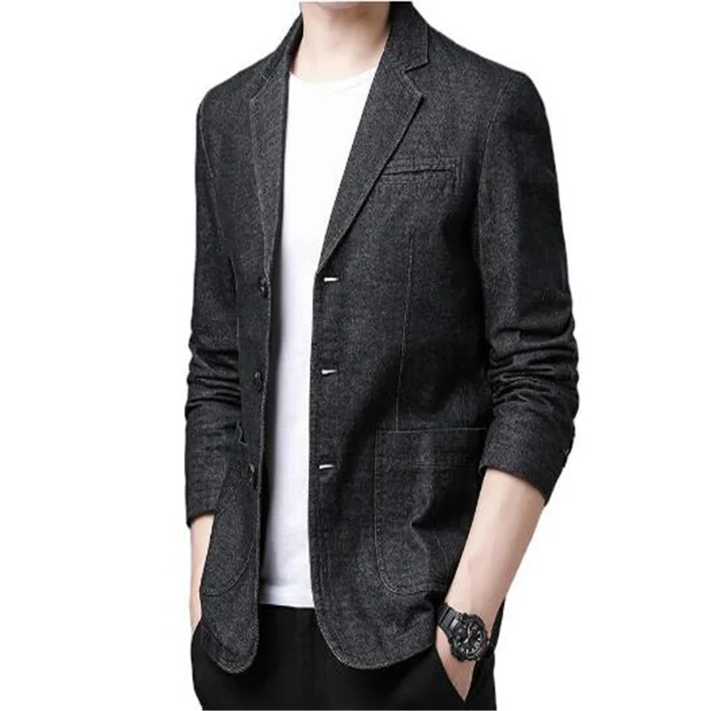 Blue Casual Washed Denim Blazer 2021 Spring Men Slim Fit Soft Mens Brazer Black Suit Jacket Classic Notched Clothing | Мужская одежда