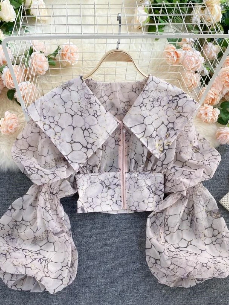 

blouse women 2021 spring vintage korean camisas de mujer elegantes puff sleeve long sleeve crop top party blouse flower shirt