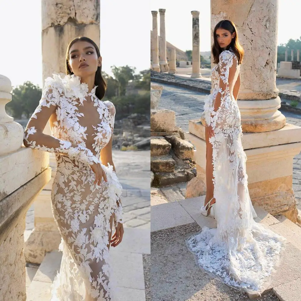 

Saudi Arabia Mermaid Wedding Dresses 2020 Sheer Long Sleeves High Collar Illusion Lace Applique Side Slit Boho Wedding Dress