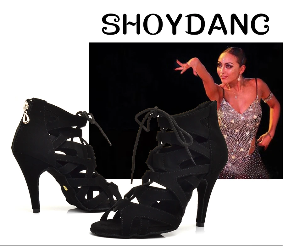 Black Suede Latin Dance Shoes Ladies High Heel Brown High Banded Ballroom Dance Shoes Stage Performance Party Indoor Soft Bottom