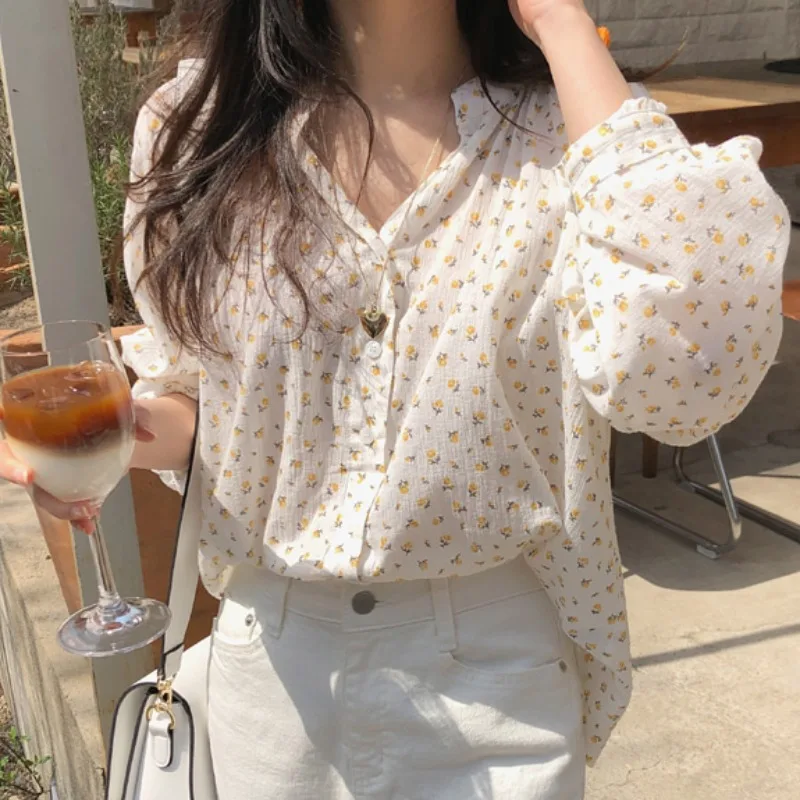 

Цветочный Топ Ретро французская рубашка с пышными рукавами, новинка 2020, для ранней осени, для девушек, Солнцезащитный уличный стиль, универс...