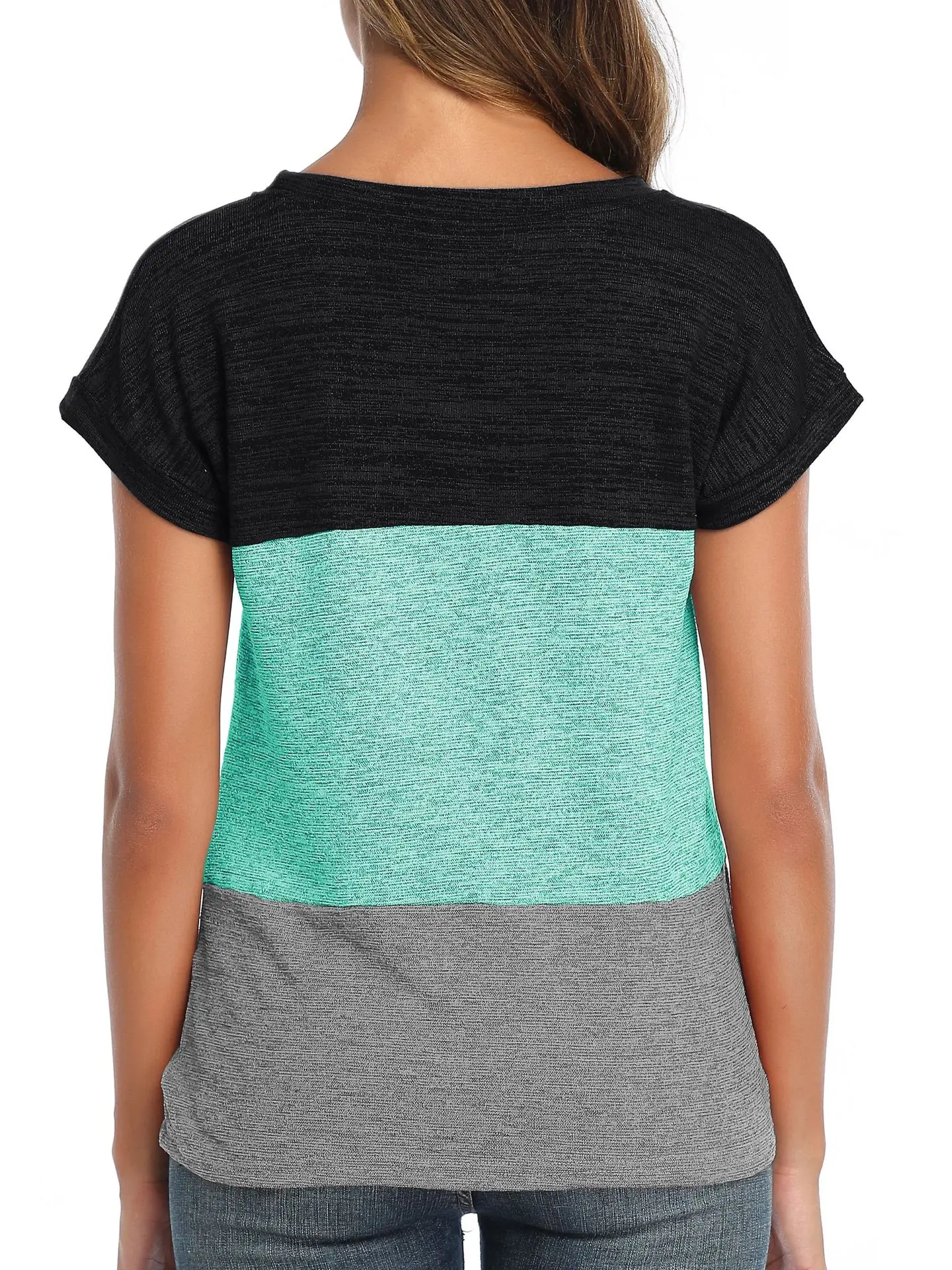 

Knob Women T Shirt Short Sleeve Color Patchwork Casual Tee Tops HL0100A