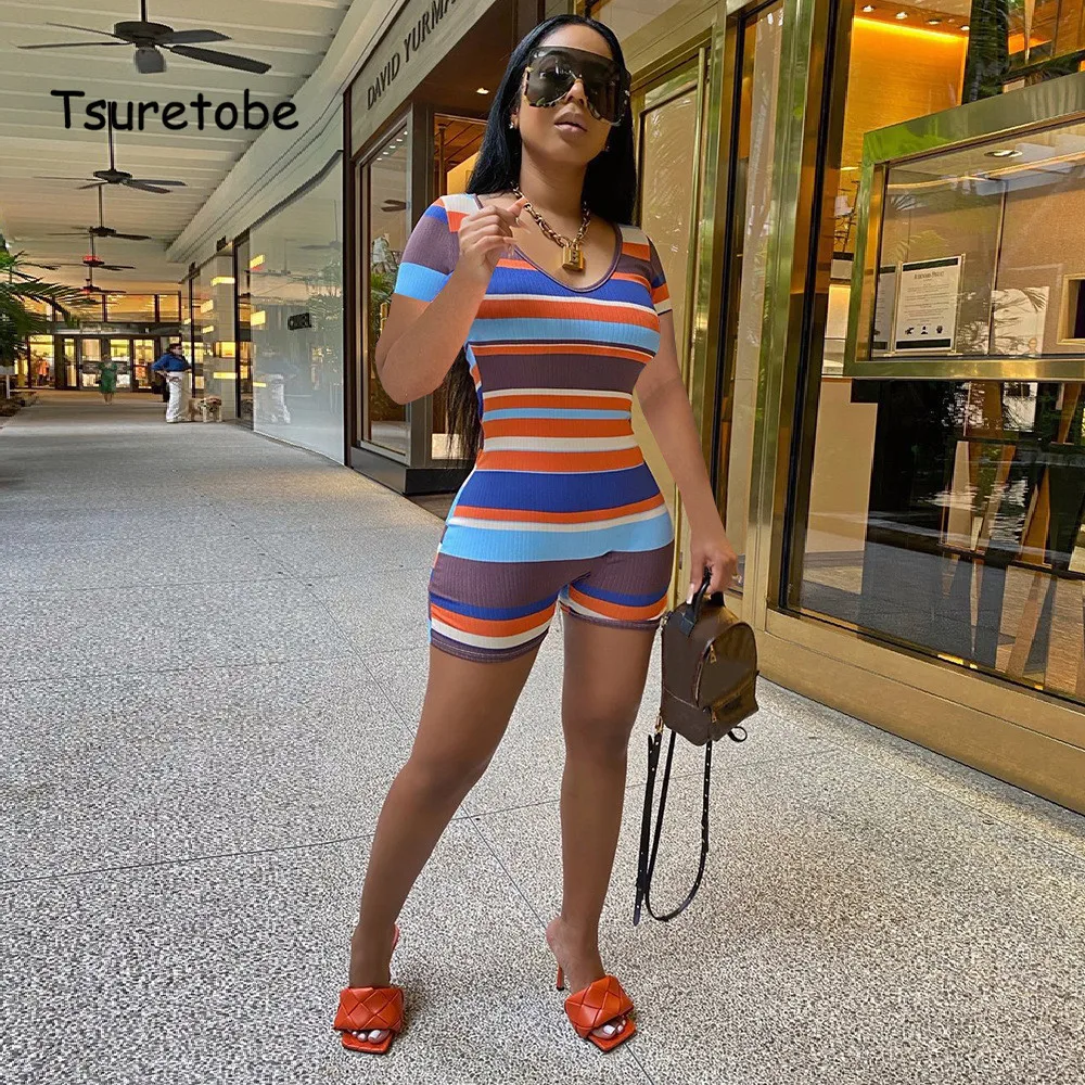 

Женский Повседневный Комбинезон Tsuretobe в полоску, с коротким рукавом, Цельный Наряд, модные комбинезоны, шорты для женщин, летняя одежда