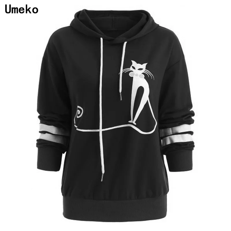 

Umeko/Новинка; Модные толстовки в полоску с рисунком кота; Повседневные толстовки с капюшоном и длинными рукавами; Женские свободные топы; Спо...