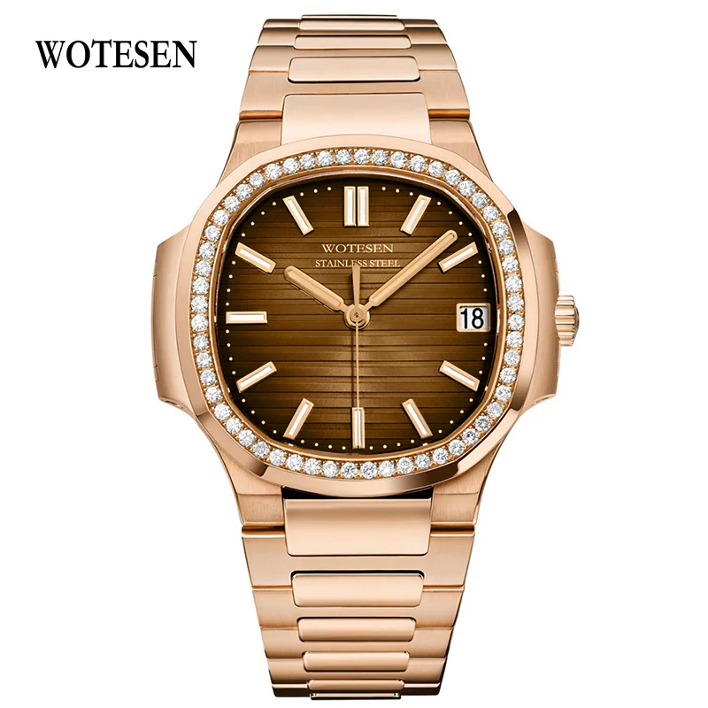 Rose gold Brown WOTESEN Топ Роскошные мужские часы с бриллиантами кварцевые Брендовые Часы мужские кварцевые Стальные армейские военные часы мужские деловые наручные часы - Цвет: Rose gold Brown