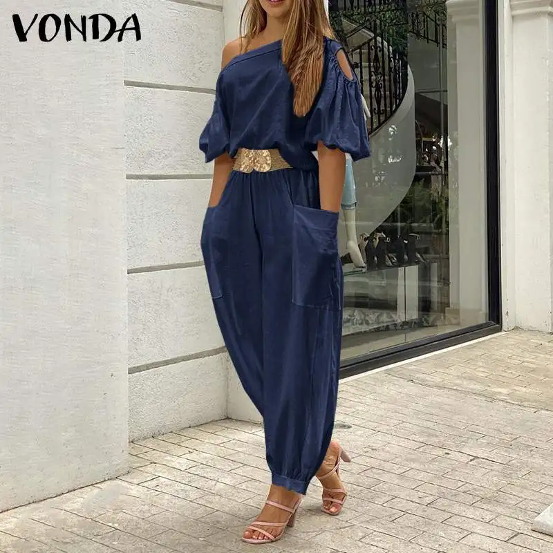

Women Autumn Long Jumpsuits VONDA 2021 Sexy One Shoulder Half Sleeve Playsuits Office Pantalon Femme Beach Streetwears Overalls