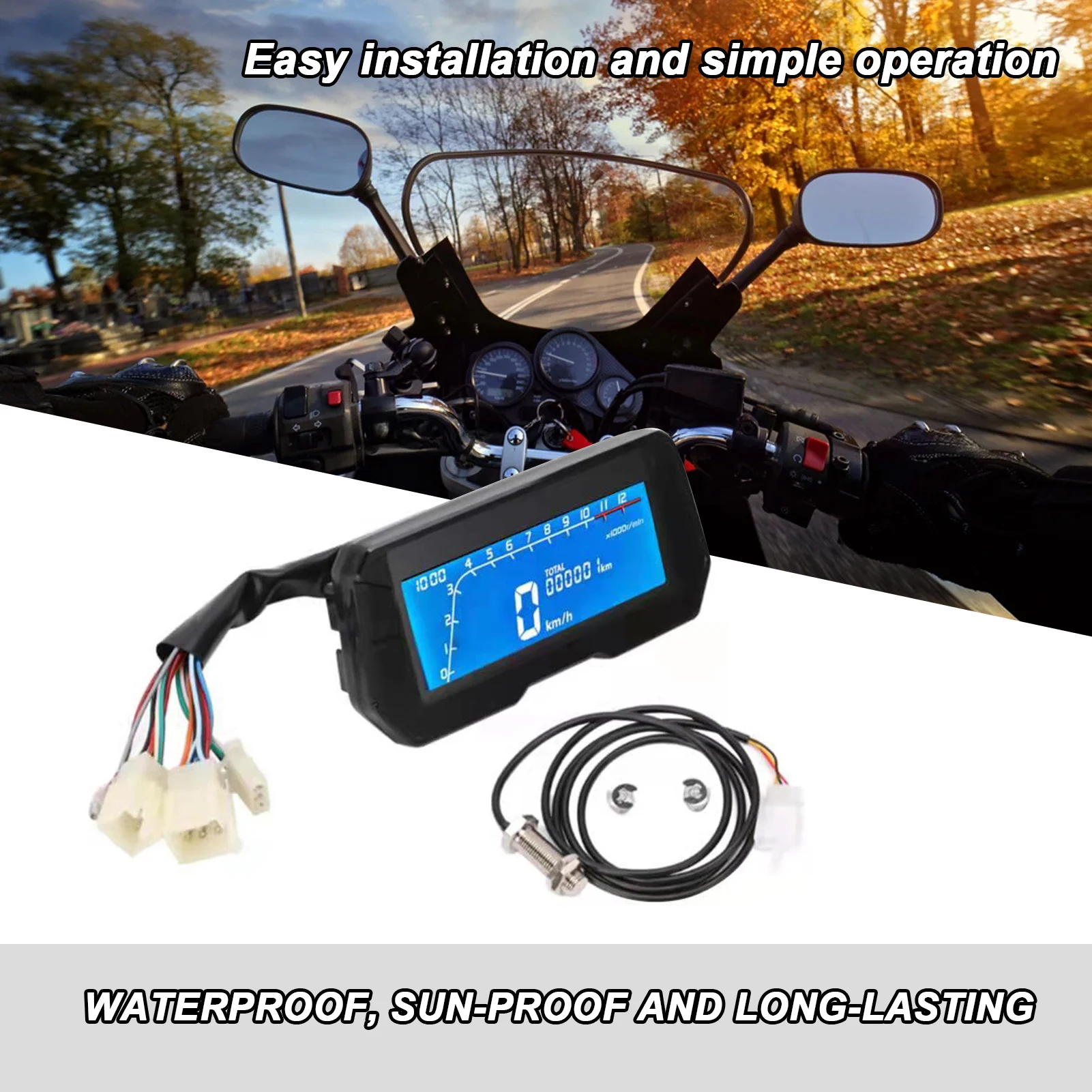 12000RPM Motorcycle LCD Speedometer Universal 6 Gear Position Backlight Digital Electronic Tachometer for 1/2/4 Cylinders Meter |