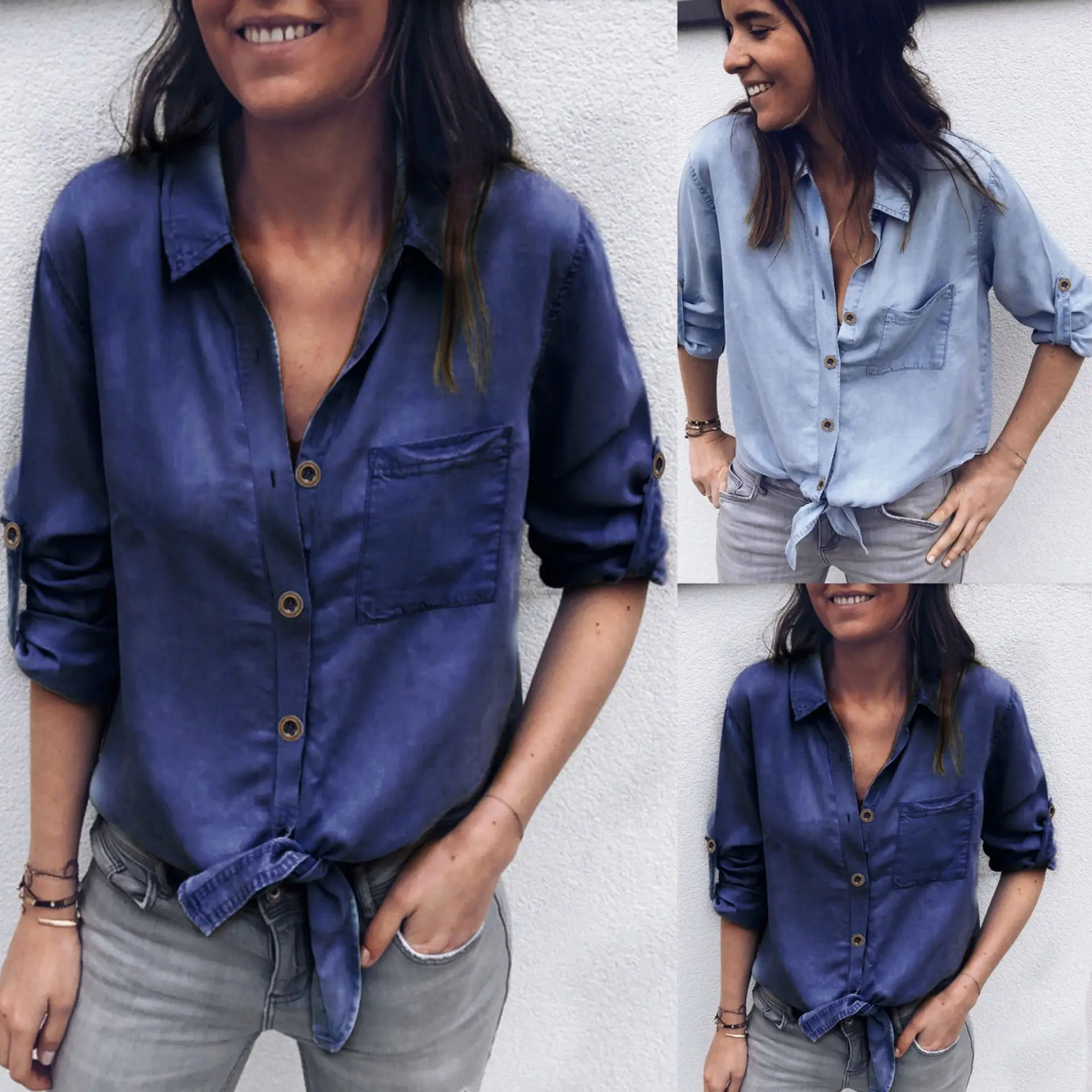 2019 повседневная женская синяя блузка с длинным рукавом и отложным воротником