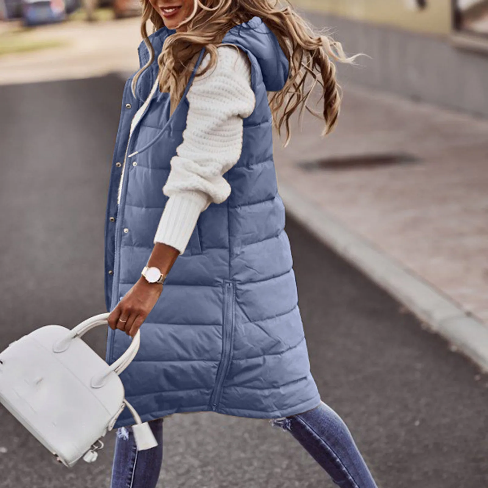 Women's Long Winter Coat Vest With Hood Sleeveless Warm Down Pockets Quilted Jacket Outdoor | Женская одежда