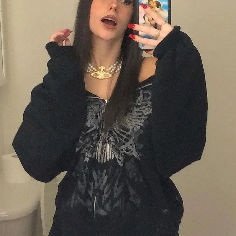 Butterfly Graphic Harajuku Long Sleeve Zip Up Coat Women Emo Fairy Grunge Sweatshirt Y2k Dark Aesthetic Alt Vintage Clothes | Женская