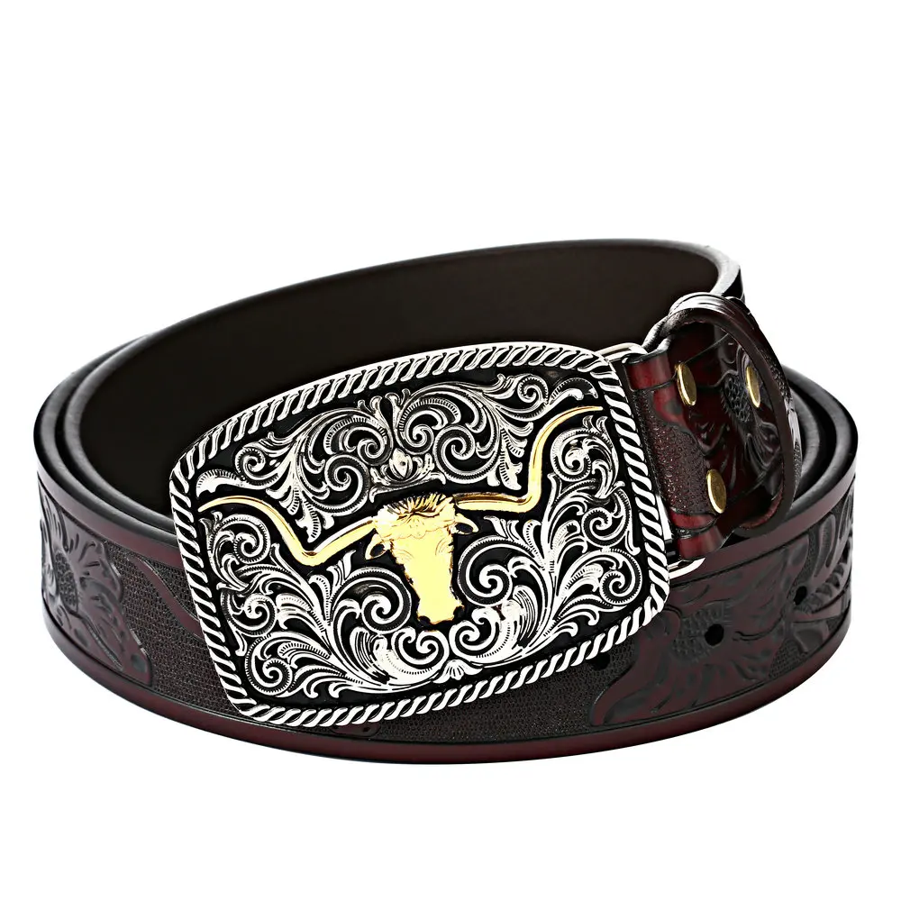 KDG Western Cowboy Zinc Alloy Bull Head Belt Buckle Leather Embossed Craft Belt Men's Matching Jeans Belt Decoration Birthday Gi