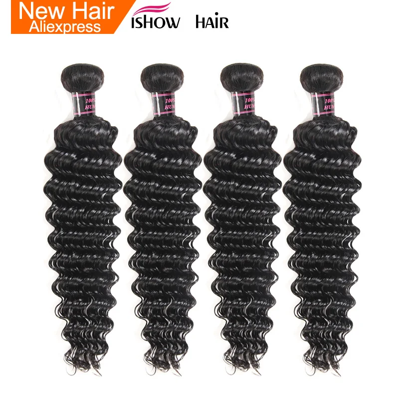 Ishow перуанские глубокие волнистые волосы 4 пучка человеческих волос Плетение не