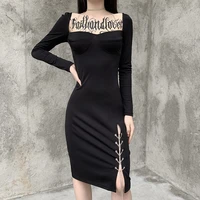 22347p dark style sheath nightclub black dress slimming slit dress punk metal hardware pendant long gothic dress women