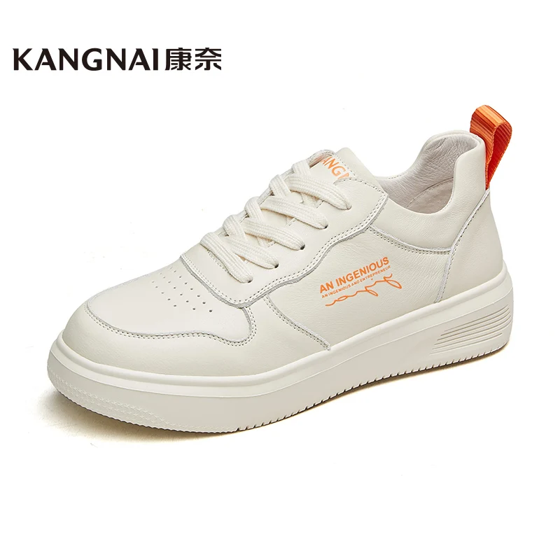 

KANGNAI Women Shoes Genuine Leather White Flat Round Toe Female Sneaker Lace-Up Breathable Casual Shoes