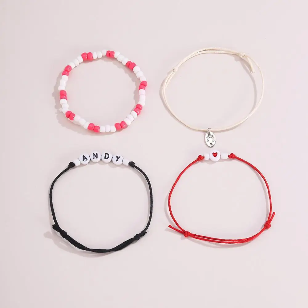 

Bohemia Natural Beads Bracelet for Women 4Pcs/Set ANDY Letter Sweet Heart Bracelets Bangles Vintage Adjustable Bracelet Jewelry