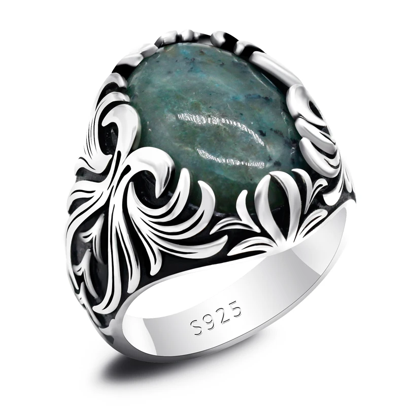 

Pure 925 Sterling Silver Men's Ring with Big Natural Phoenix Stone Punk Vintage Rings Turkish Handmade Gemstone Jewelry Gift