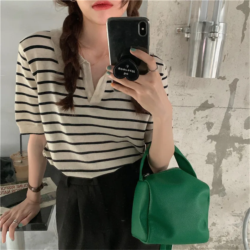 

2021 Designer Clothes High Quality Fashion T Shirt Women Harajuku Tops Striped Knitted TShirt Female Korean Knit Pullover Tee
