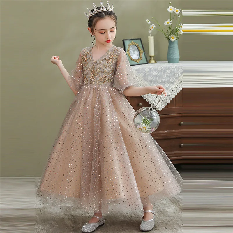 Summer Luxury 2021New Children Girls V-Collar Neck Birthday Evening Party Princess Lace Dress Kids First Communication Host Wear | Детская
