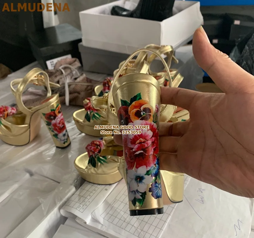 ALMUDENA/Босоножки на платформе, Украшенные бусинами, на массивном каблуке, украшенные стразами; свадебные туфли-лодочки в стиле ретро, синего, золотого цвета, украшенные стразами