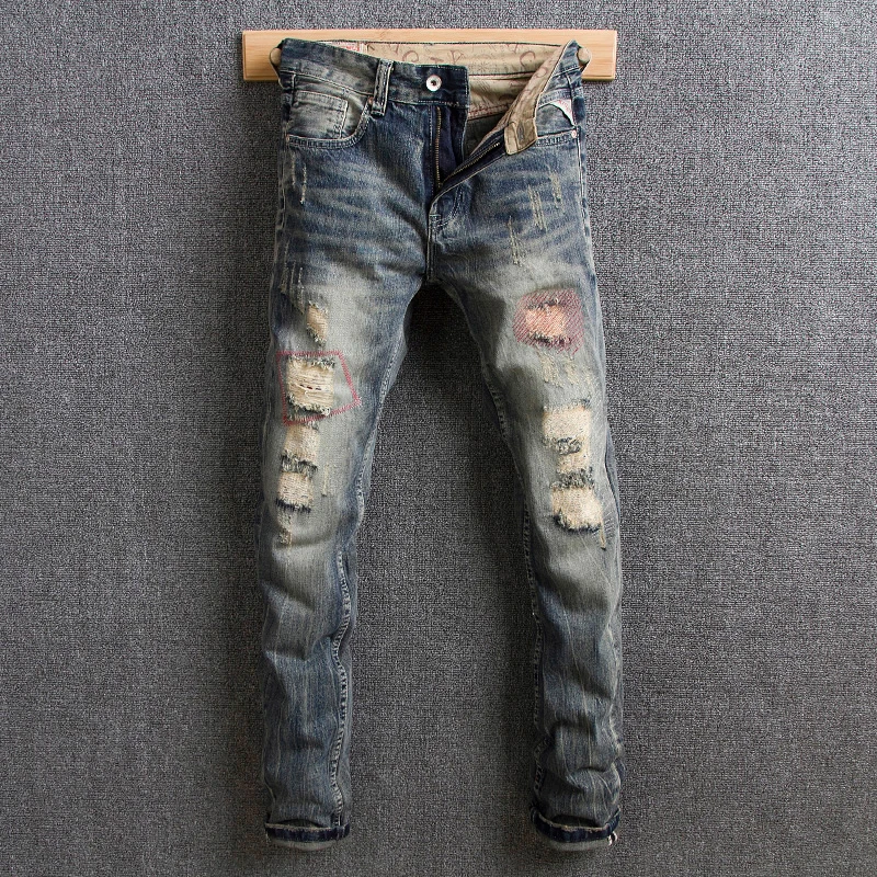 

Brand Style 2021 Men Jeans Retro Color Vintage Design Ripped Jeans For Men Destroyed Broken Denim Pants Hip Hop Jeans homme
