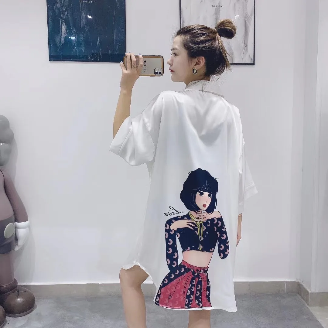 Spring Autumn Shirt Nightdress Women Print Cartoon Summer Ice Thin Nightgown & Sleepstirts Relaxed Lovely Home Dress Sleepwear