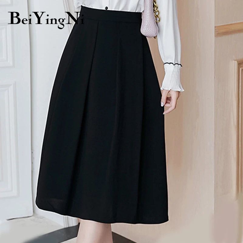 

Beiyingni Knee-length Skirts Womens High Waist Black A Line Office Ladies Skirt Solid Color Vintage Work Wear Fashion Korean OL