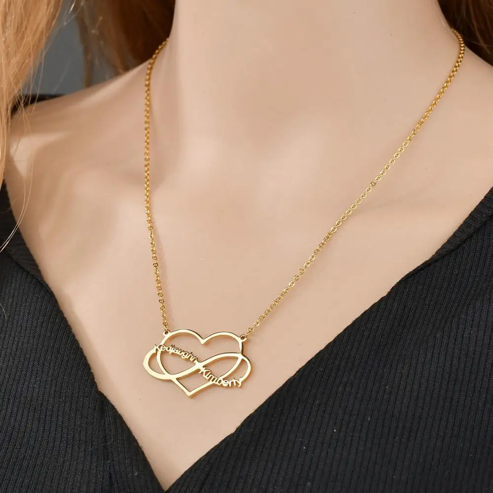 

Diamon Custom Infinity Two Names Necklace for love Heart Beauty Stainless Steel Hollow Link Chain Necklaces Women Bijoux Femme