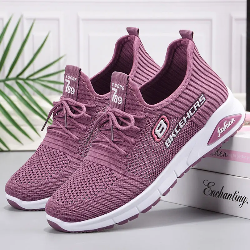 Женские кроссовки для бега на платформе Удобная вязаная сетчатая розовая