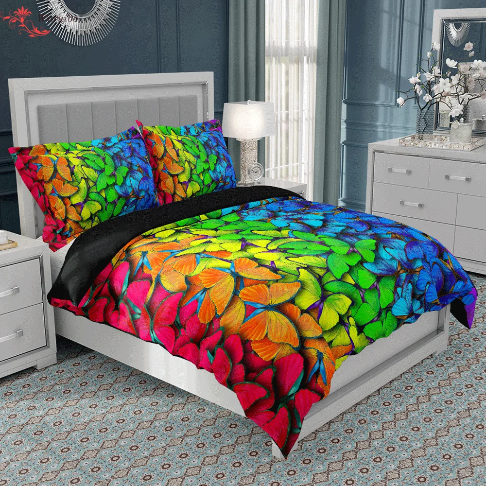 

Blue Red Black Bedding Set Colorful Butterflies Printed Design Duvet Cover Set Boys Girls Bedding Comforter Quilt 1/2 Pillowcase