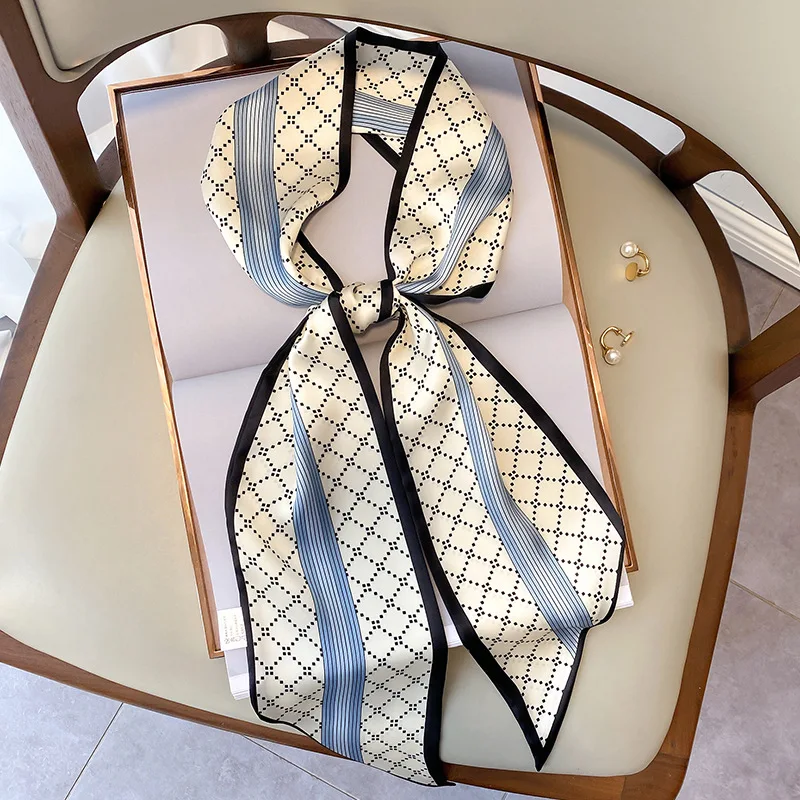 

Шарф женский Шелковый в клетку, с украшением в узкую полоску, корейский вариант для весны и осени