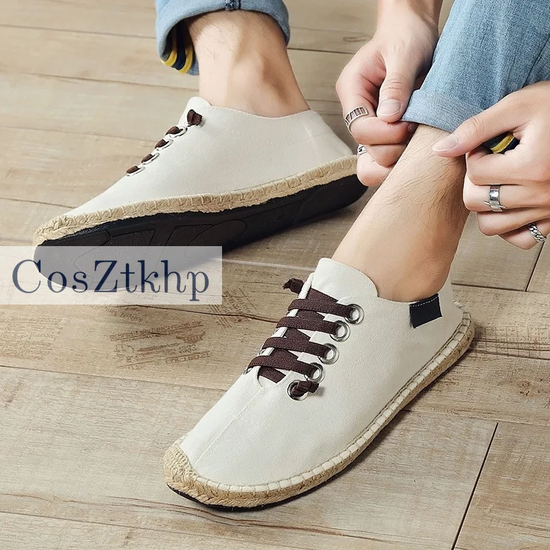 

2021 Canvas Shoes Men Flat Casual Footwear Breathable Hemp Lazy Shoes Cool Young Man Shoes Cloth Footwear Black Blue HM114