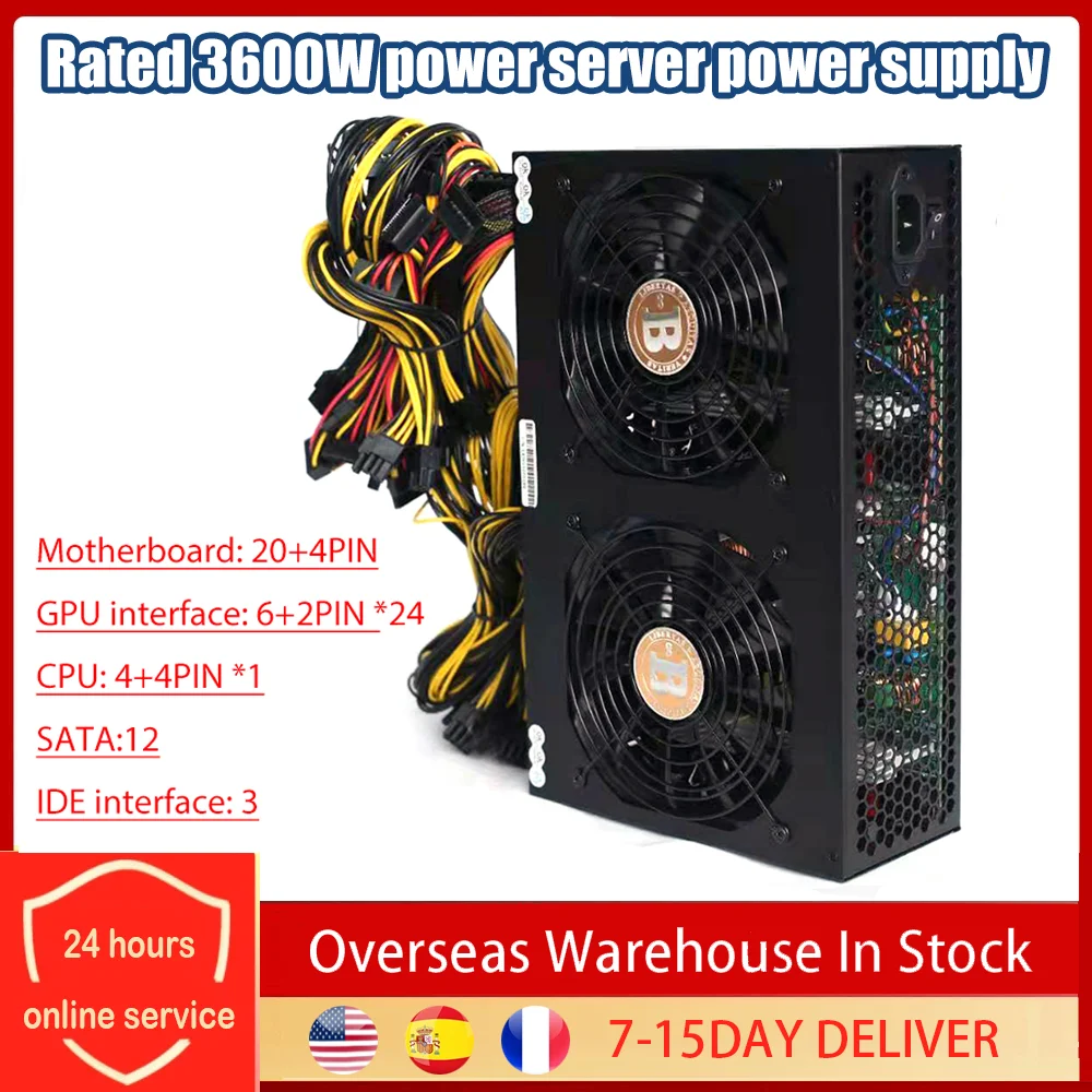 

3600W Mining Power Supply 180-260V ETH 90% Efficiency Support 12 Graphics Display Cards GPU PSU PC Server for BTC Bitcoin Miner