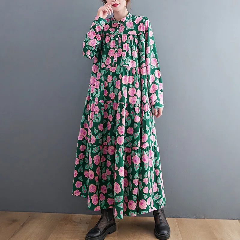 

Women Casual Long Dress New Arrival 2022 Spring Vintage Style Floral Print Loose Comfortable Female Maxi Dresses B1552