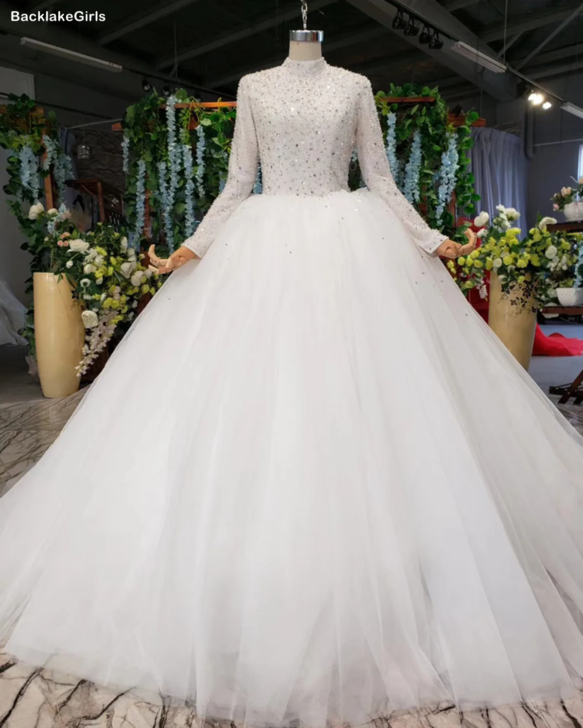 2020 Новое мусульманское свадебное платье с высоким воротом и длинными рукавами