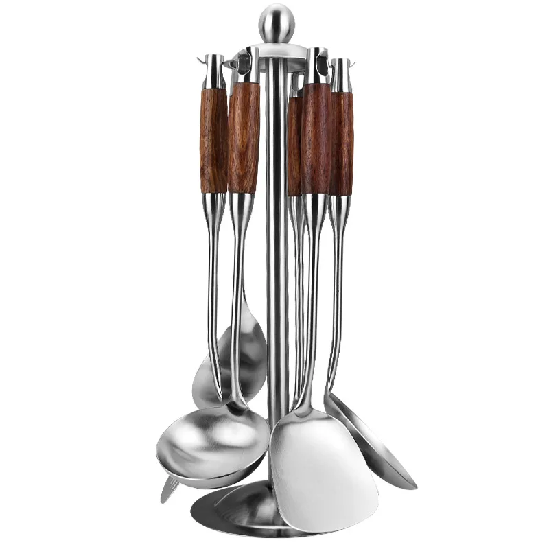 

AU -Cooking набор кухонной посуды с держателем, набор кухонных инструментов, 304 нержавеющая сталь, деревянная ручка, 7 шт.