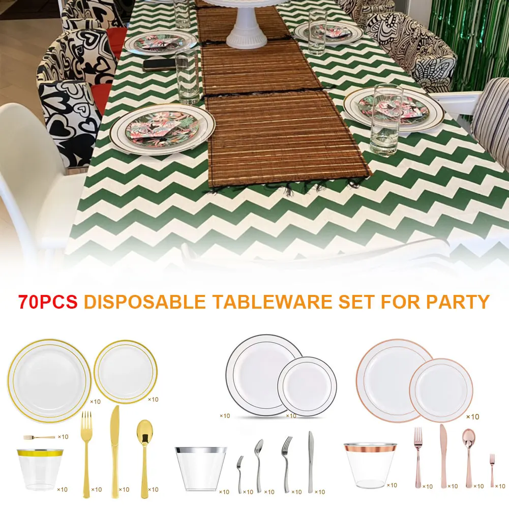 

70Pcs Disposable Tableware Set 10 Guests Gold Rim Plastic Plates Cups Set for Party or Wedding