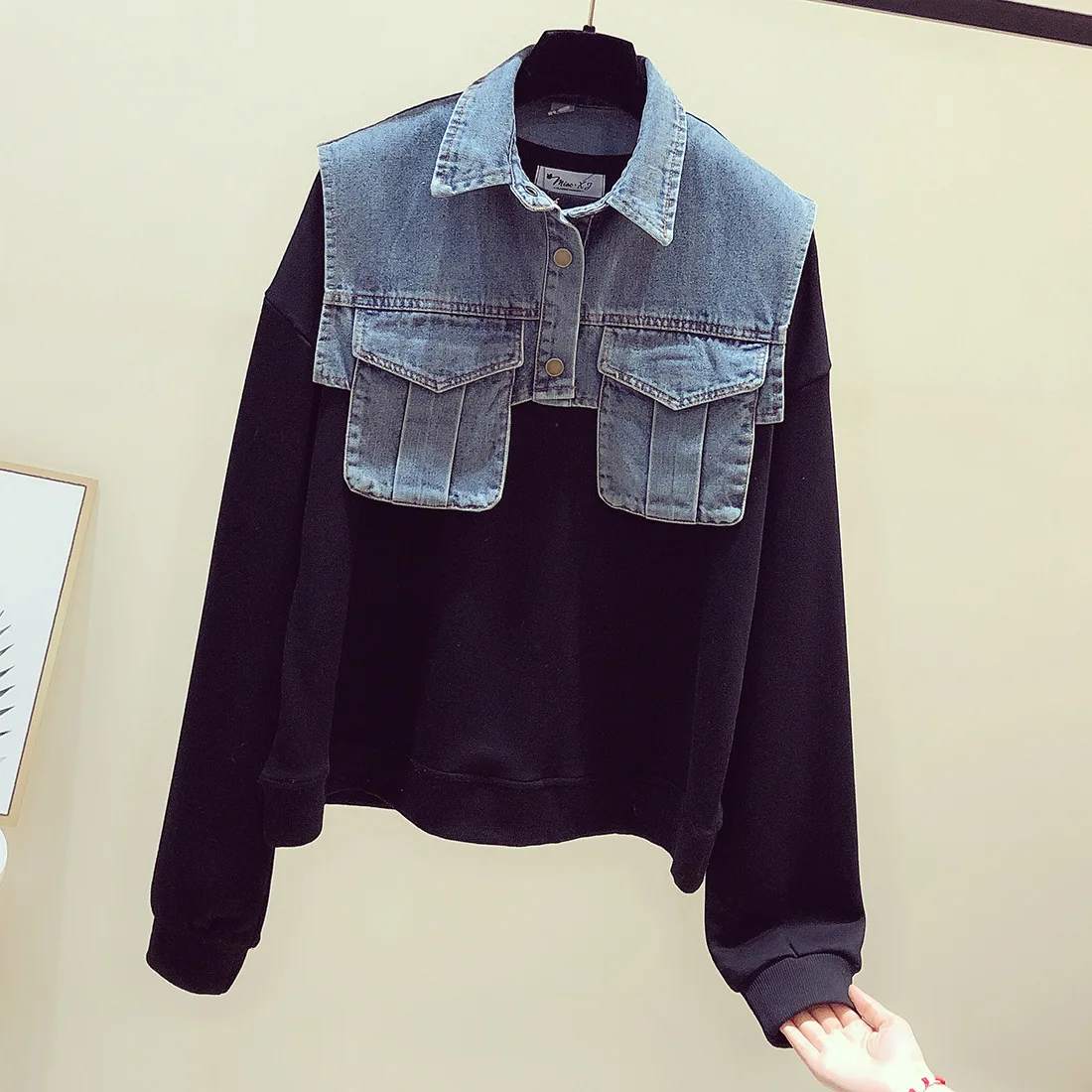 

2020 Denim Stitching Hoodie Women's Loose-Fit BF Hoodies Denim Patch Black sweatershirt