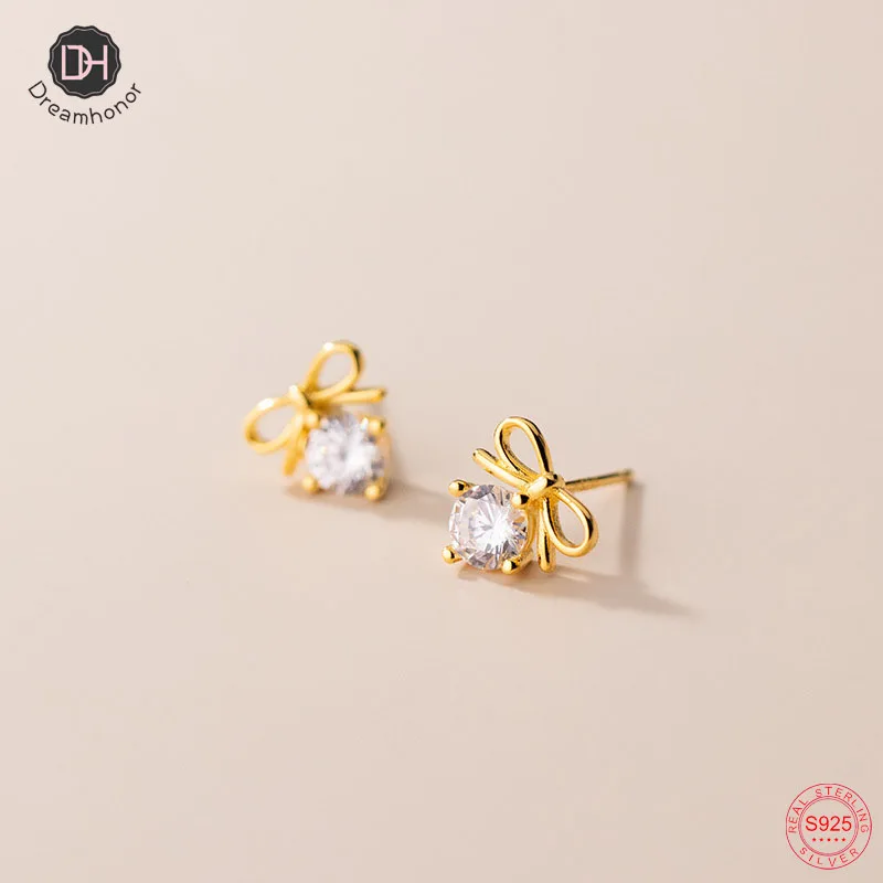 

Dreamhonor 925 Sterling Silver 14K Gold Color Bowknot Zircon Stud Earrings For Women Wedding Jewelry SMT132