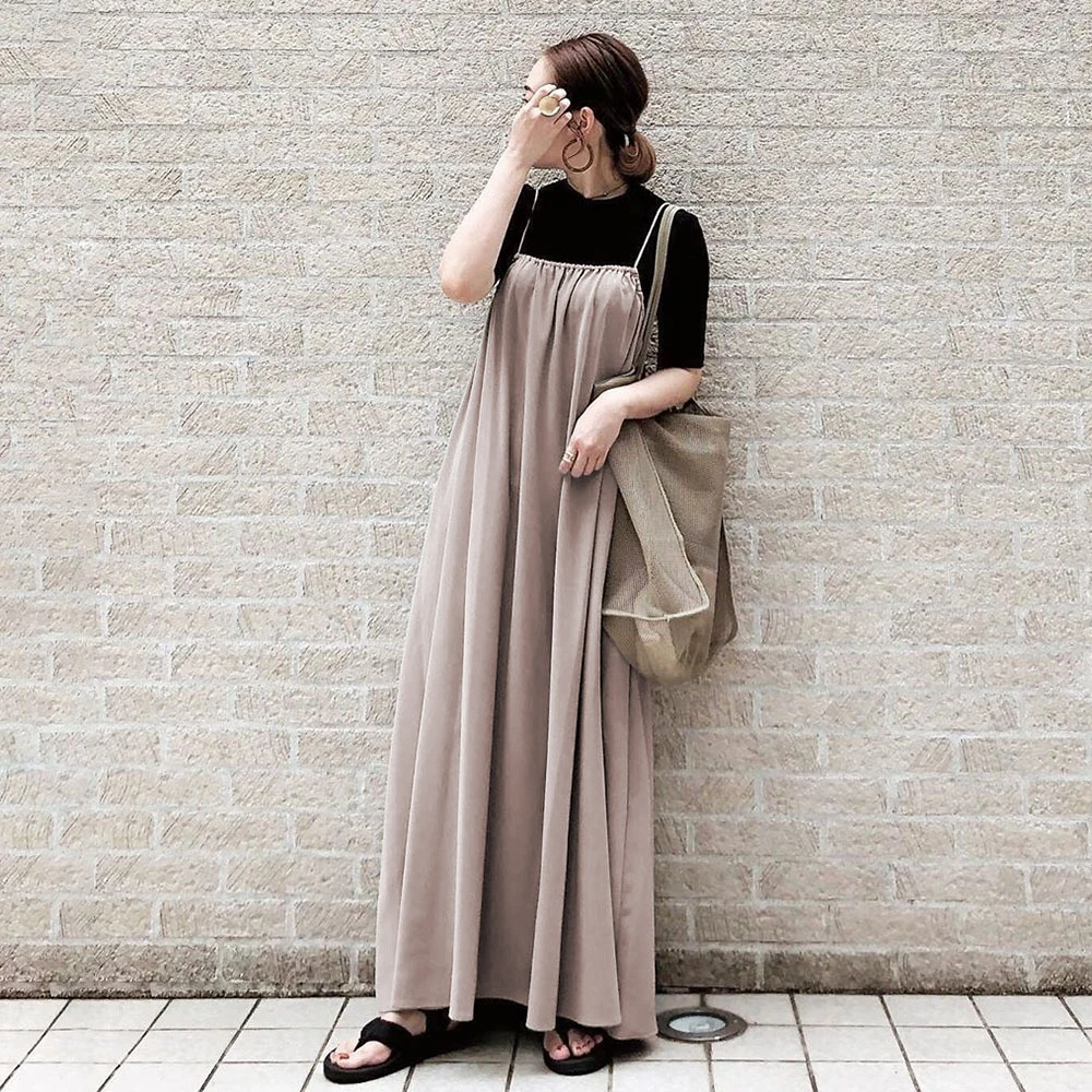 

Women Casual Long Dress Summer Plain Korean Janpanese Style Fashion Loose Spaghetti Strap Dresses Pleated Female Maxi Dress
