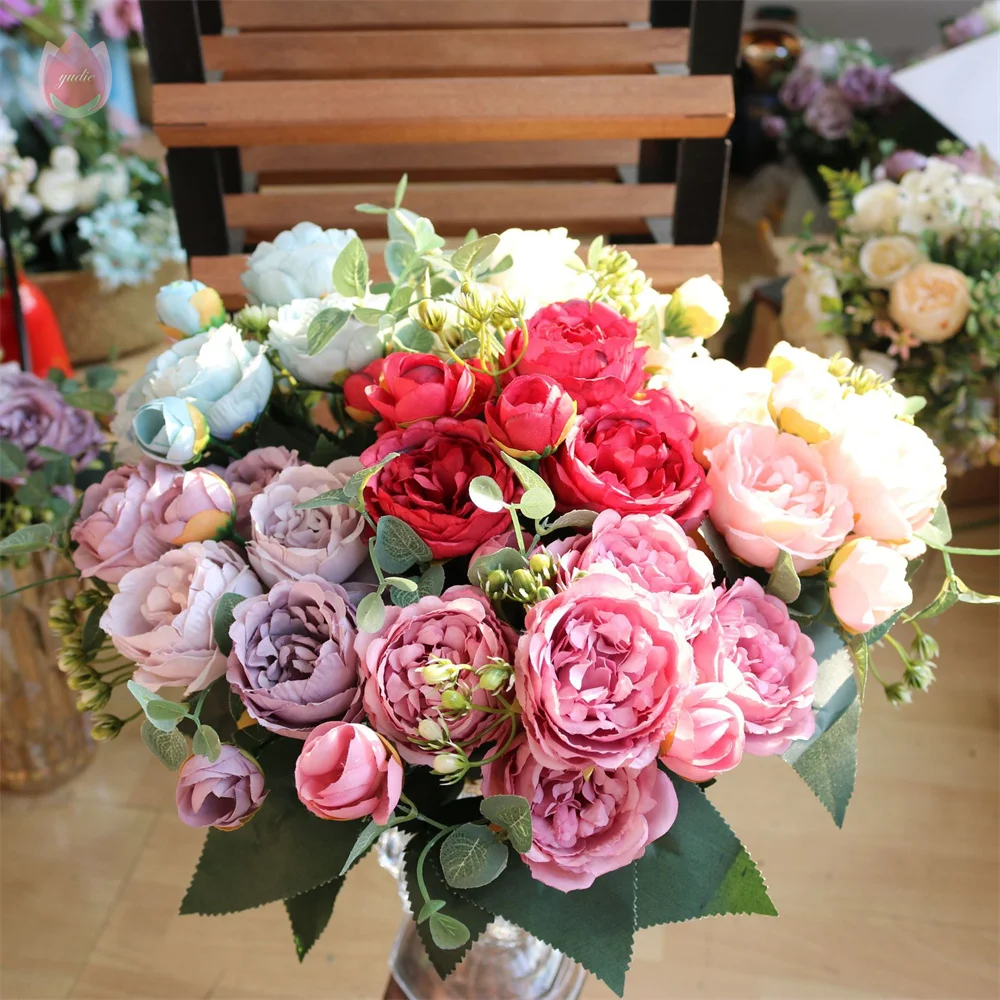 

9 Heads Artificial Flowers Eucalyptus Peony Tea Rose Silk Artificial Plants For Diy Living Room Home Garden Wedding Decoration