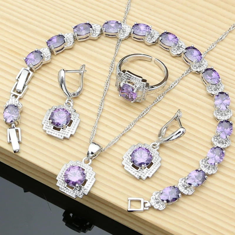 

Bride Women Silver 925 Jewelry Sets Purple Amethyst Gemstone Birthstone Earrings Bracelet Resizable Ring Necklace Sets