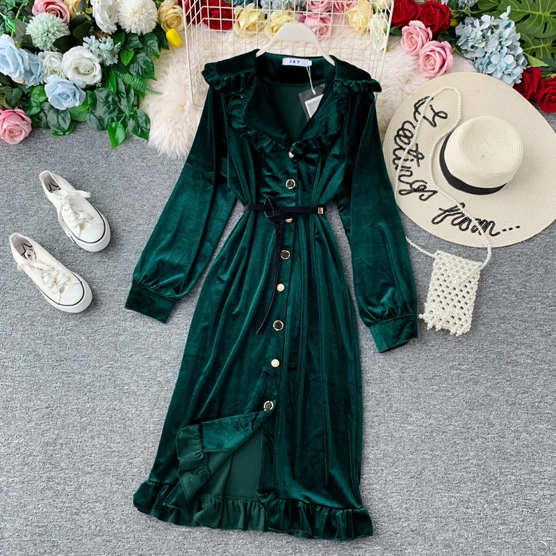 2019 Новое модное женское бархатное платье миди с высокой талией и длинными