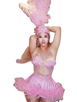 flamingo design pink feathers jumpsuit women catch eyes sexy party birthday outfit dance show cosplay bodysuit costume