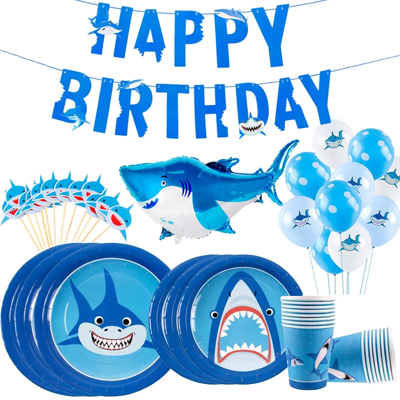 

Staraiae 8pcs Happy Birthday Shark Disposable Paper Tableware Ocean Party Decor For Kid Birthday Baby Shower Boy Party Supplies
