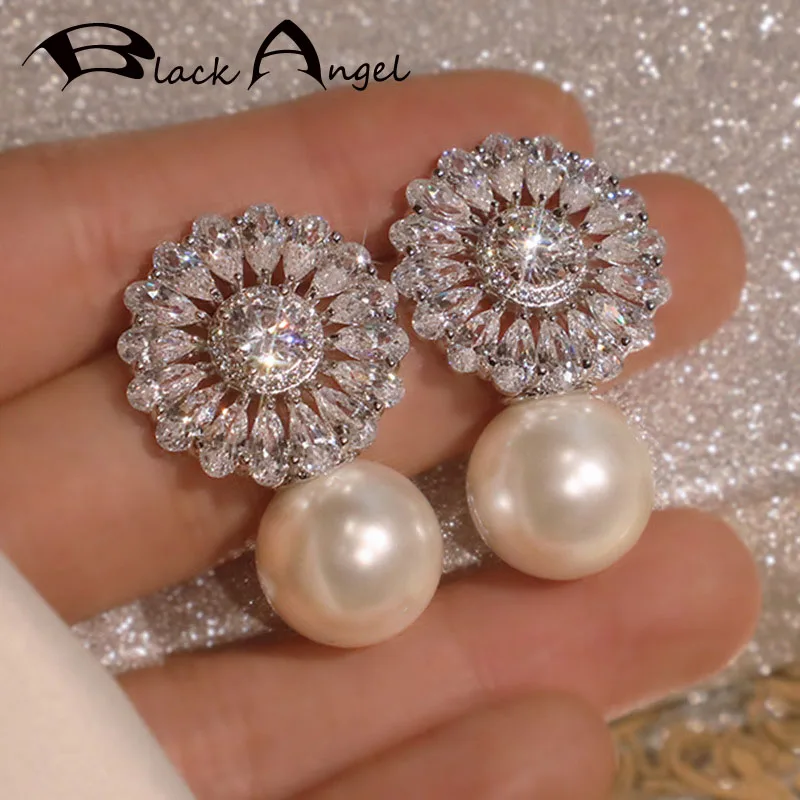 

BLACK ANGEL New Prevent Allergy Pearl Zircon Stud Earrings for Women Exquisite Flower Bridal Engagement Dinner Silver Jewellery