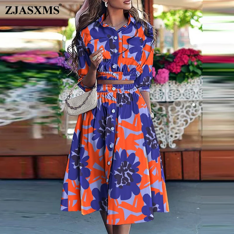 

OL Style Floral Print Skirt Suit Women Turn-down Collar Button Blouse Two Piece Set 2021 Spring Autumn 3/4 Sleeve Casual Outfits