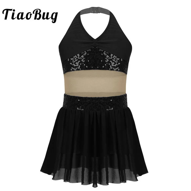 

TiaoBug Girls Halter Sequins Mesh Stretchy Gymnastics Leotard Kids Ballet Figure Skating Dress Performance Lyrical Dance Costume