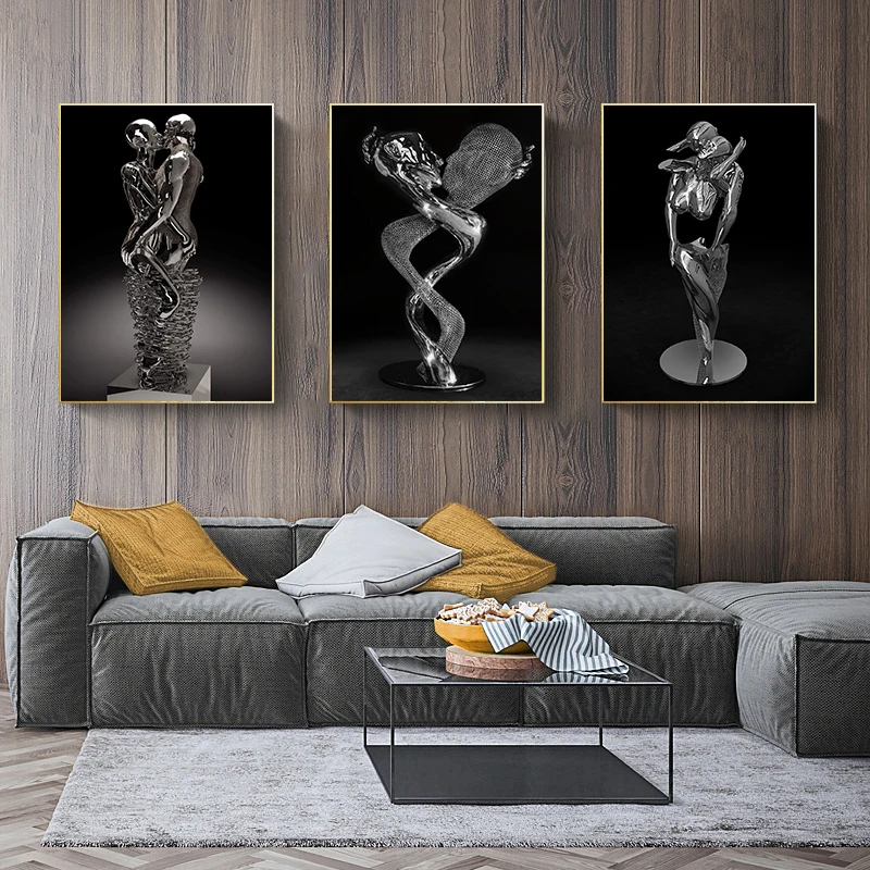 

Metal Figure Statue Wall Art Canvas Painting Romantic Lover Silver Sculpture Poster Print Abstract Modern Living Room Home Decor
