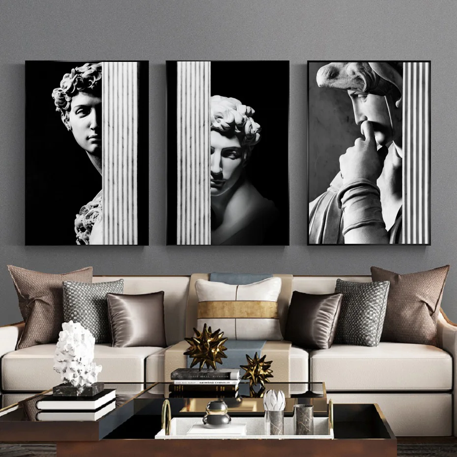 

Nordic Retro Roman Column Black and White Character David Plaster Sculpture Art Poster Canvas Decorative Painting Living Room De