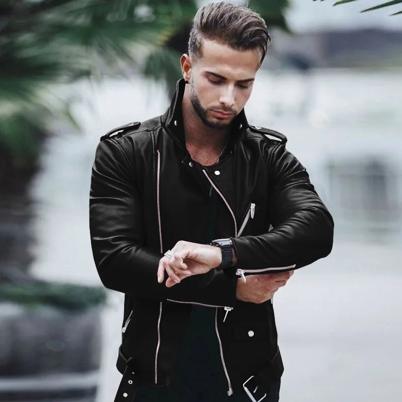 

Men's PU Leather Jackets Motorcycle Men Leather Autumn Slim Fit Jackets Male Business Casual Coats Solid Zipper Overcoat 5XL